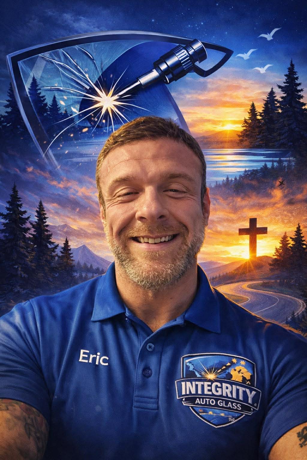 Eric Schutte, founder of Integrity Auto Glass, in a company polo shirt